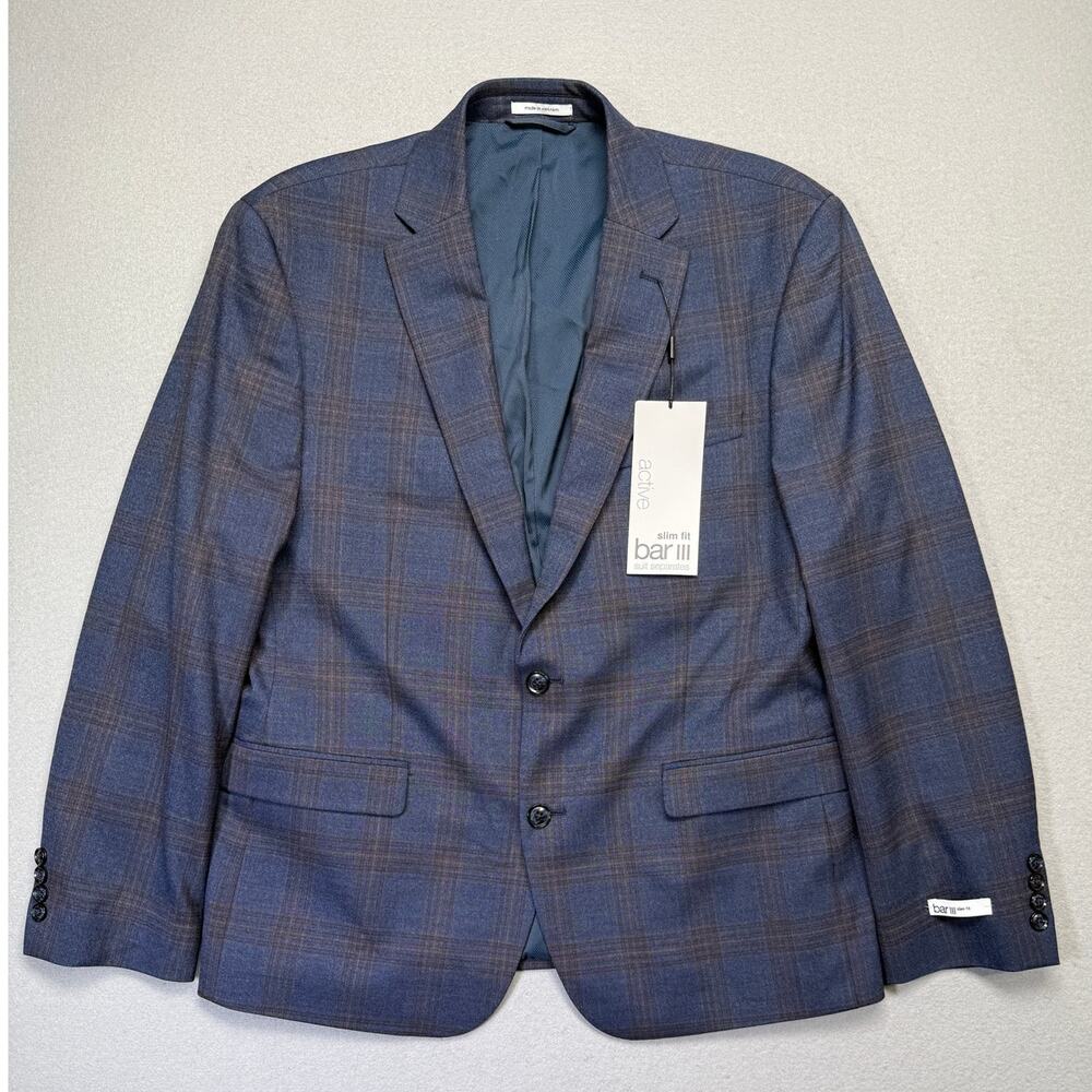Bar III Men's Slim-Fit Wool Blend Suit Jacket Navy Plaid 42S $425